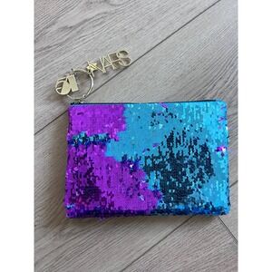 NARS Sequin Pouch Cosmetic Bag Blue Purple Reversible Keychain